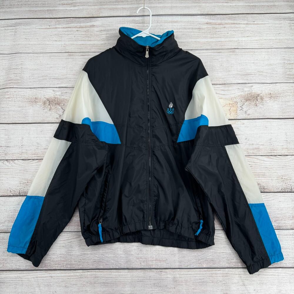 Vintage 90s JC Penny USA Olympic Team Track Jacket Adult Large Black Blue White‎